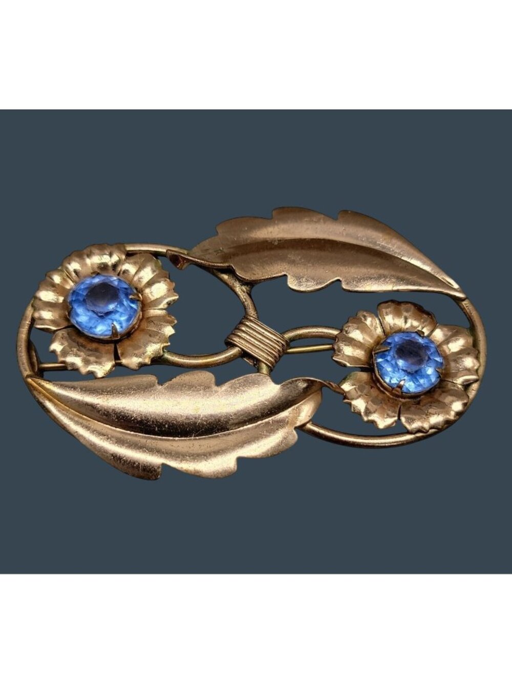 Vintage 1940s Retro Floral Brooch Gold Filled Blue Lucite Flower Pin C-Clasp